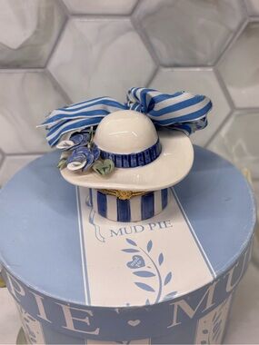 Mud Pie Trinket Box -Blue & White Hat with Miniature Hat Inside. Original box